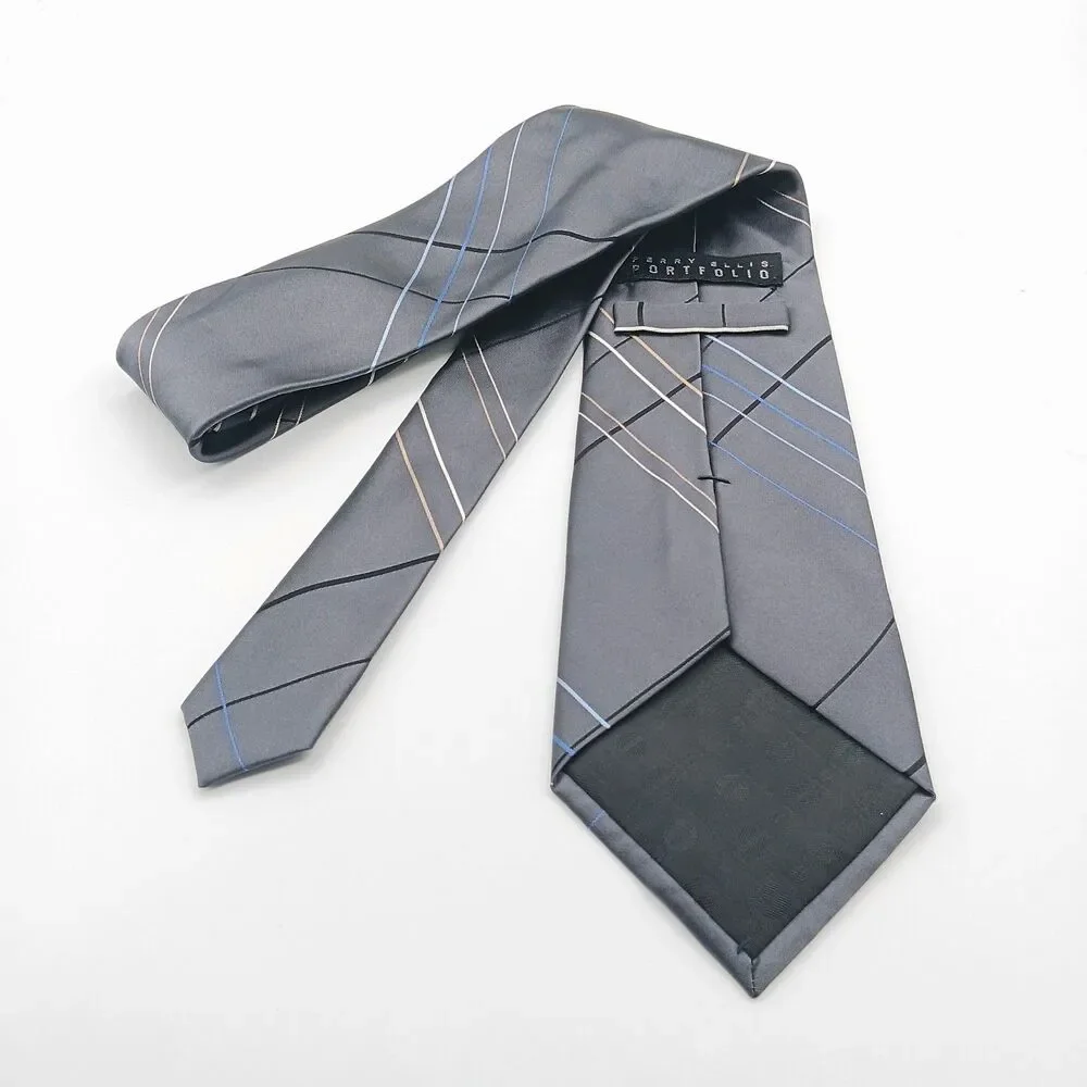 Perry Ellis Portfolio Silk Tie Mens 59.5” Gray Plaid Satin Designer Wide New